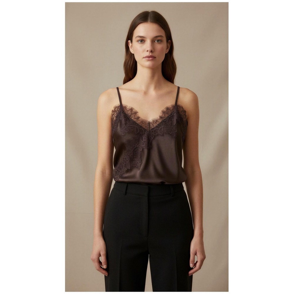 Lace Trim Satin Camisole Top Chocolate Brown Adjustable Straps RN 160656